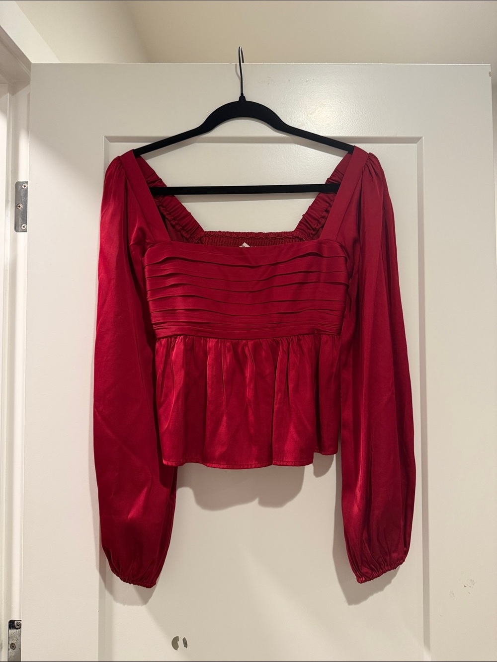 Abercrombie Red Satin Long-Sleeve Square-Neck Top